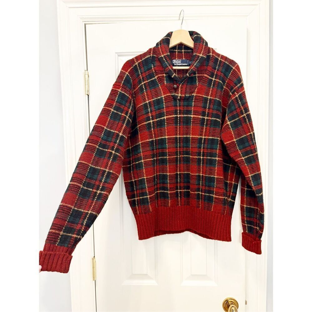 VTG Polo Ralph Lauren Sweater 100% Wool Plaid Shawl Collar Academia - Picture 2 of 6